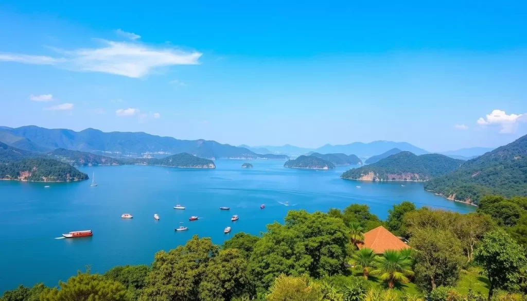 Image of Lake Suchitlán with boats and surrounding landscape