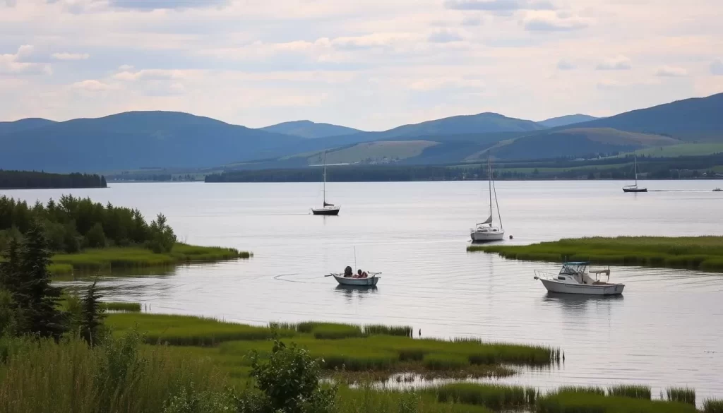 Image of Lake of the Prairies with fishing boats and surrounding landscape