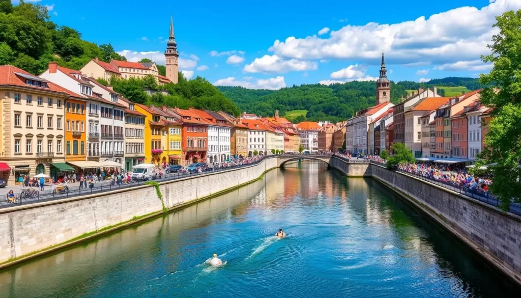 Image of Ljubljana's city center with its river and historic buildings