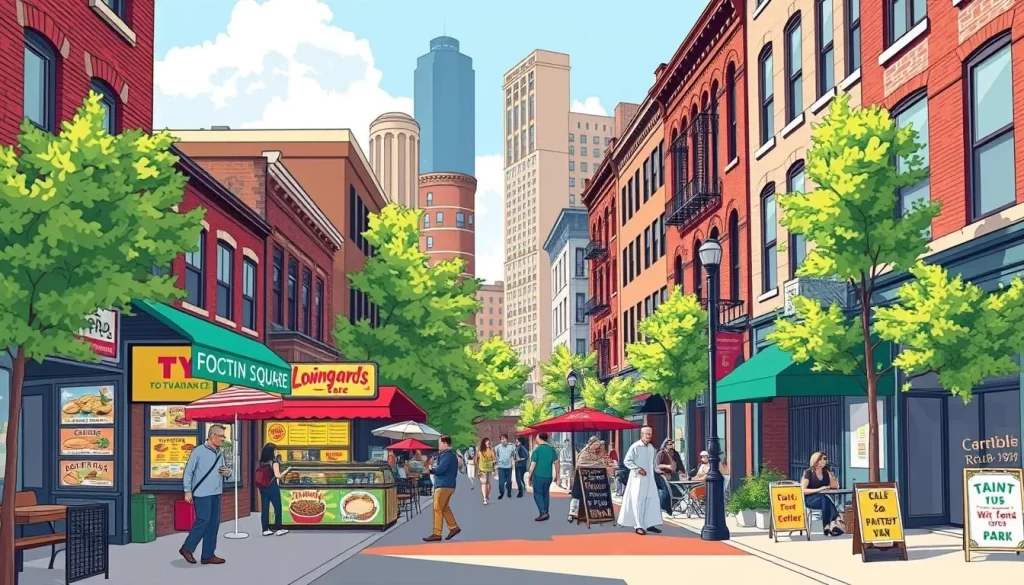Image of Logan Square or Wicker Park neighborhood in Chicago with diverse food establishments