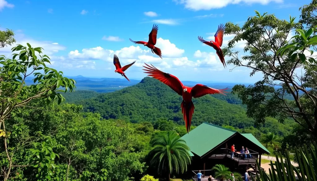 Image of Macaw Mountain Bird Park with scarlet macaws flying free