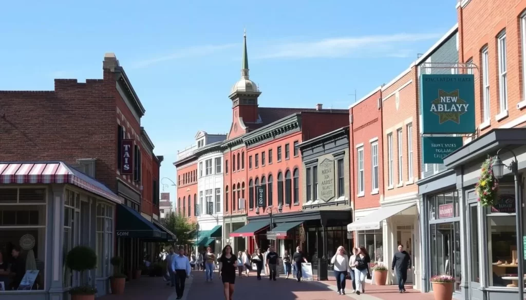 Image of Main Street in downtown New Albany, featuring various boutiques and specialty stores.
