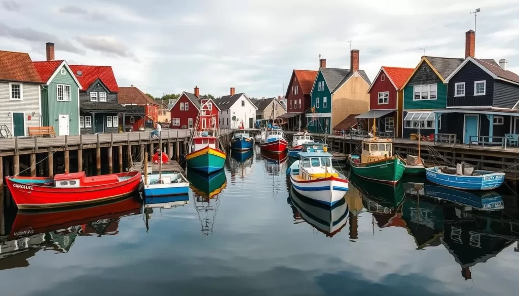 Image of Malpeque's historic harbor with fishing boats and traditional PEI architecture