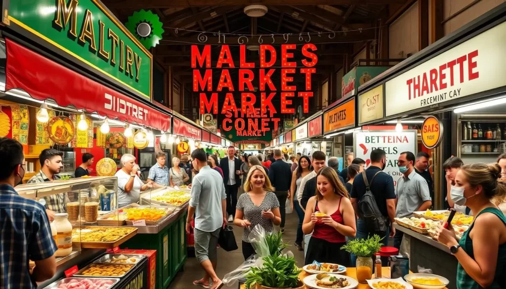 Image of Maltby Street Market's vibrant atmosphere with various food stalls and people enjoying their meals.