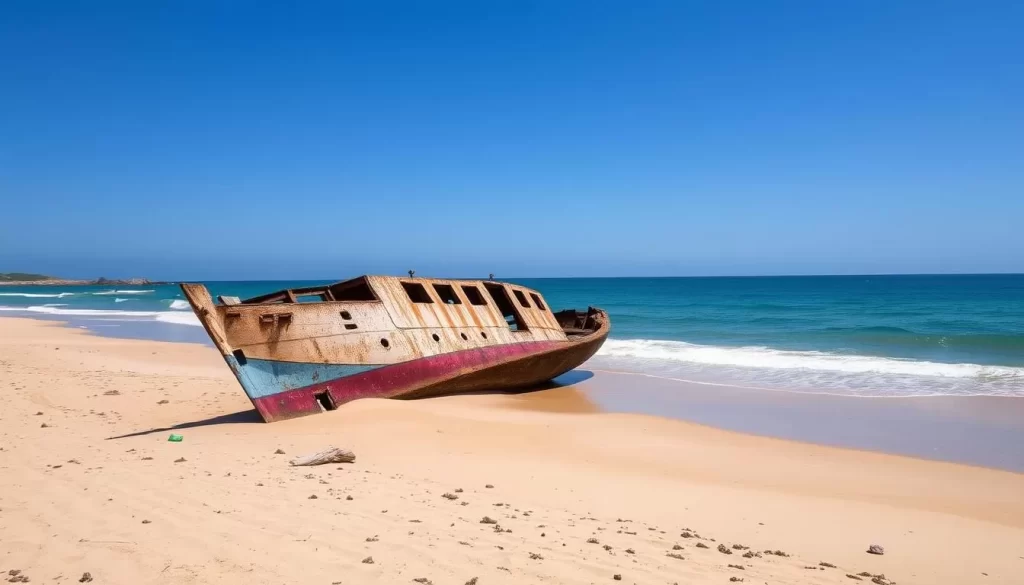 Image of Manzanillo beach with a shipwreck on the shoreline
