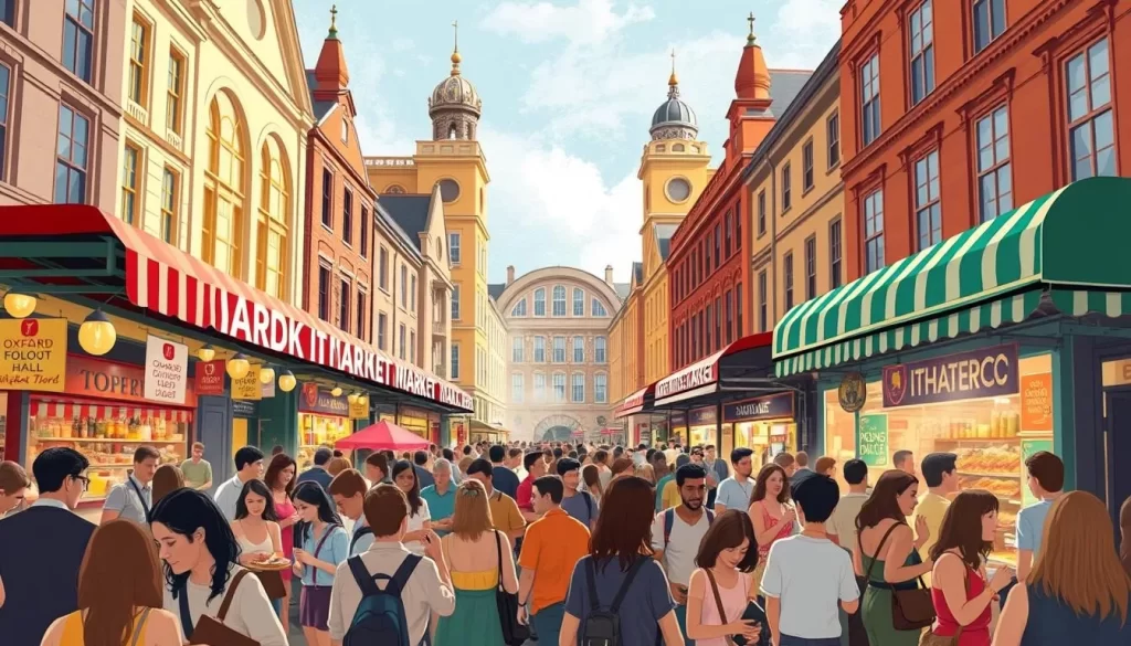 Image of Market Halls on Oxford Street, bustling with people enjoying diverse street food.