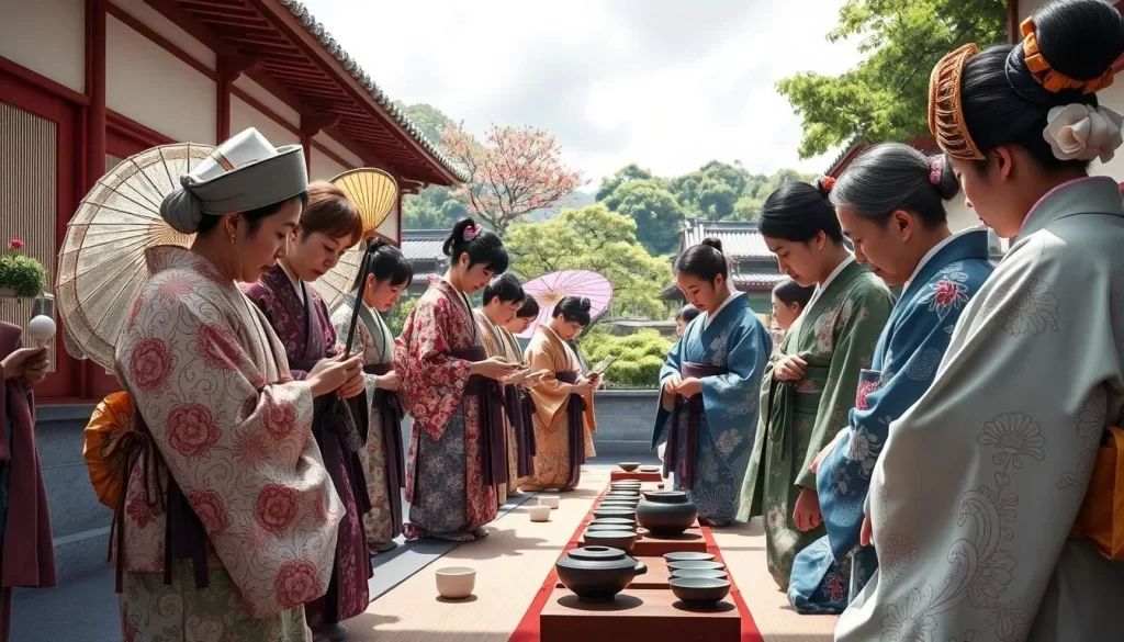 Image of Matsue Daichakai Grand Tea Ceremony participants in traditional attire