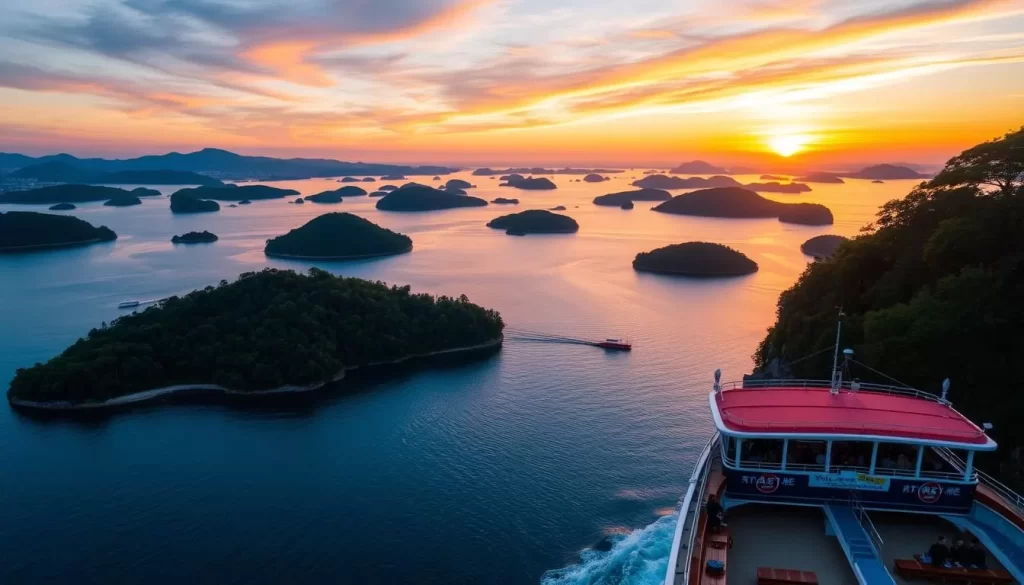Image of Matsushima Bay with islands and a boat tour