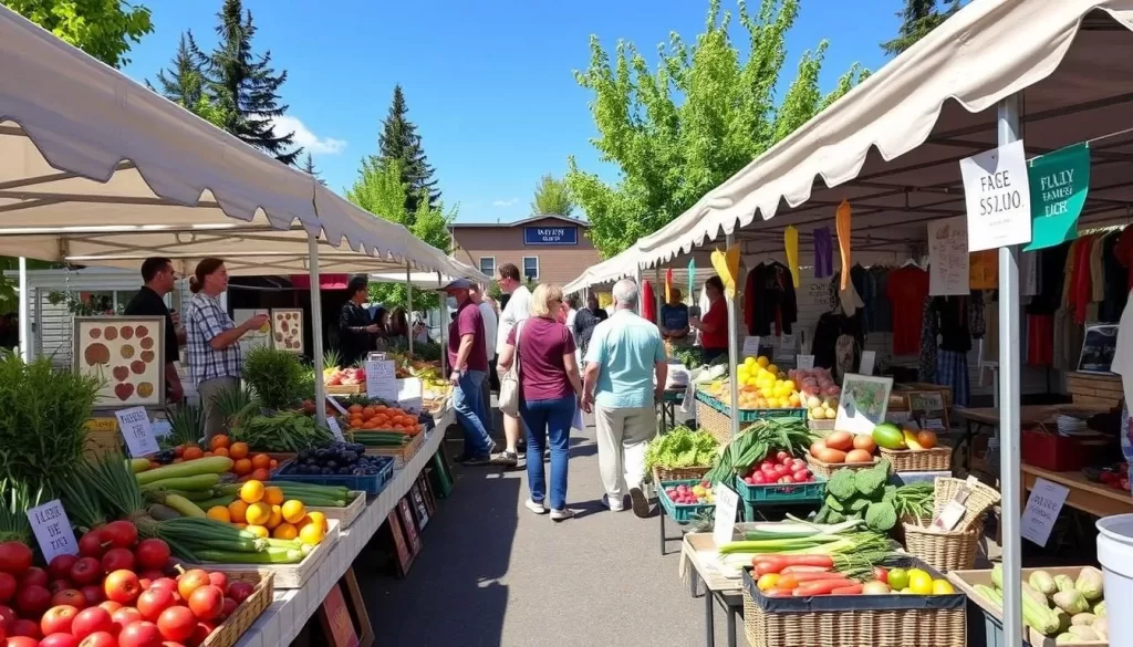 Image of McCall Farmers Market on a sunny day with local produce and artisans