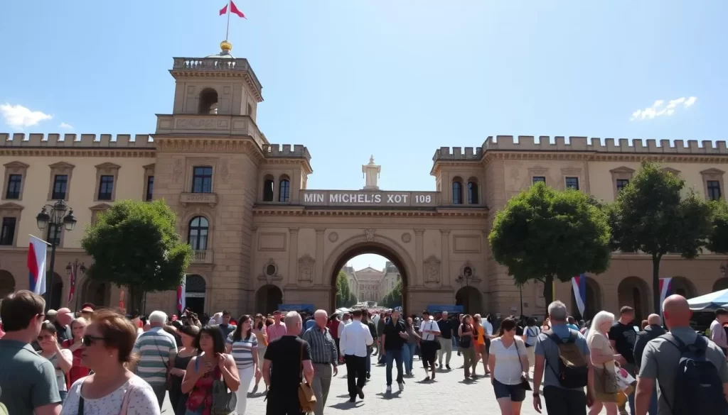 Image of Michael's Gate with tourists in the foreground
