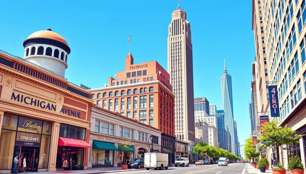 Image of Michigan Avenue with luxury boutiques and historic landmarks like Water Tower and Tribune Tower
