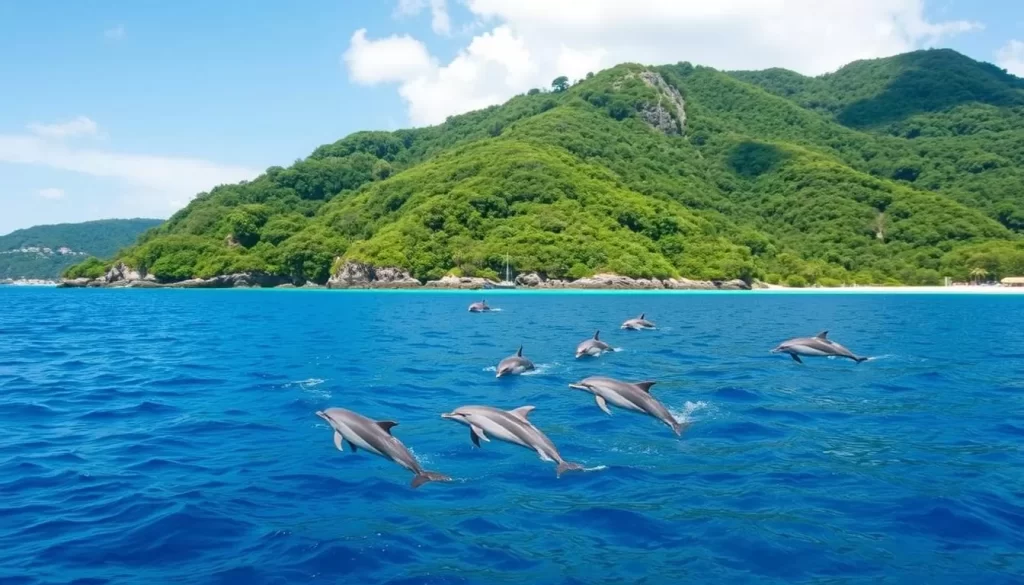 Image of Mikurajima island with dolphins swimming in the surrounding waters