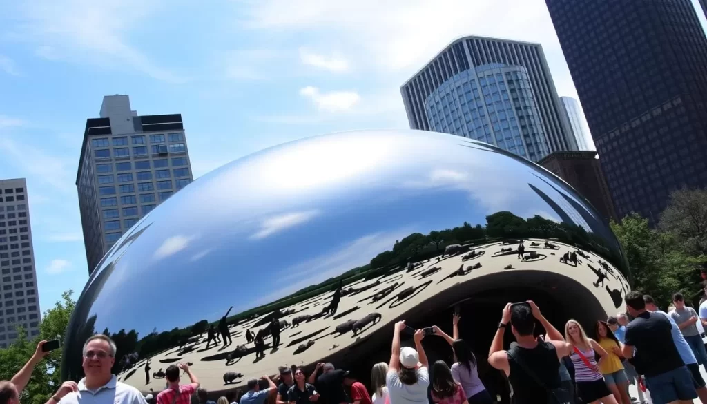Image of Millennium Park's Cloud Gate sculpture, also known as "The Bean," with people taking photos.