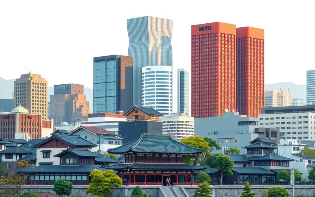 Image of Mito cityscape with traditional Japanese architecture and modern buildings.