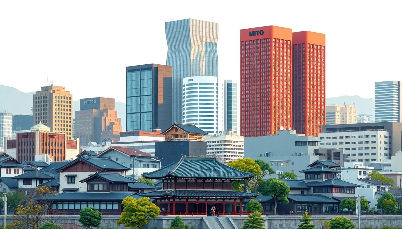 Image of Mito cityscape with traditional Japanese architecture and modern buildings.