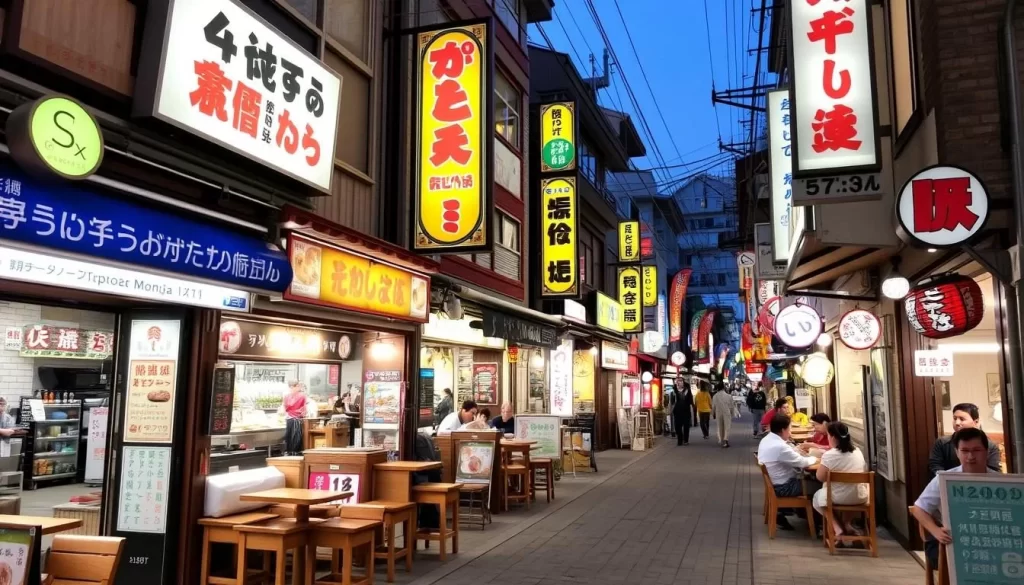 Image of Monja Street in Tsukishima with various monja-yaki restaurants