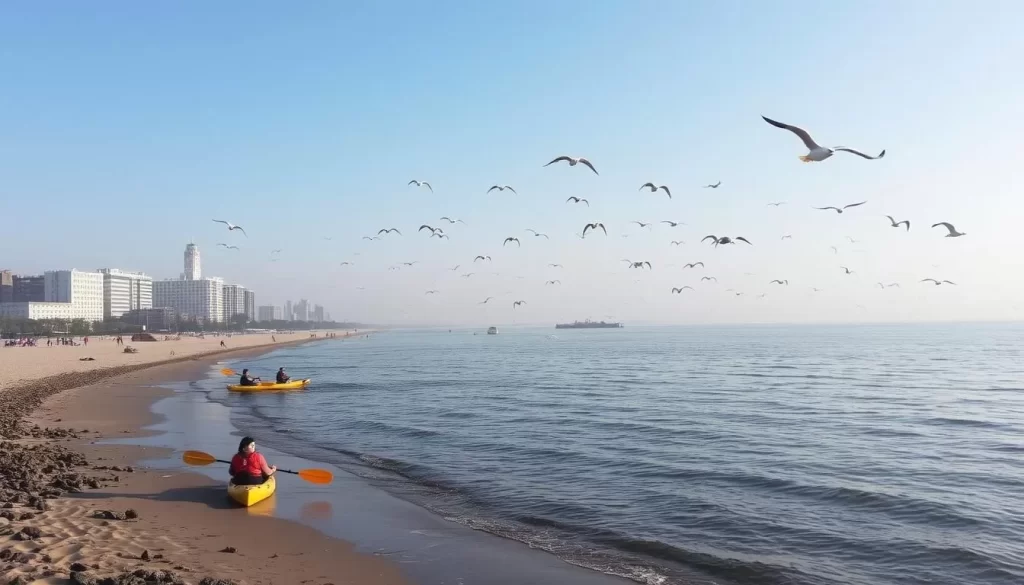 Image of Montrose Beach with kayakers and birds