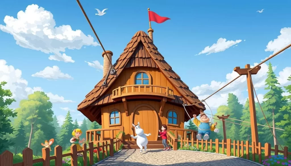 Image of Moominvalley Park's main attraction with the Moomin house and kids enjoying the zip line