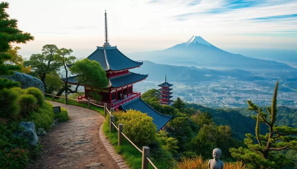 Image of Mount Mitoku's trail with Sanbutsuji Temple buildings in the background
