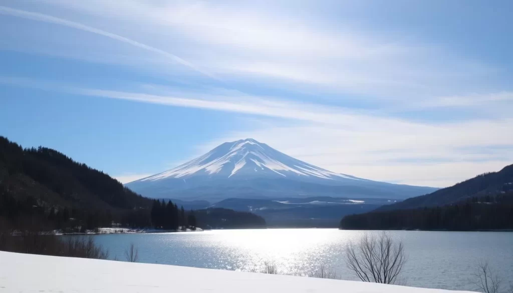 Image of Mt. Bandai with Lake Inawashiro in the foreground during winter