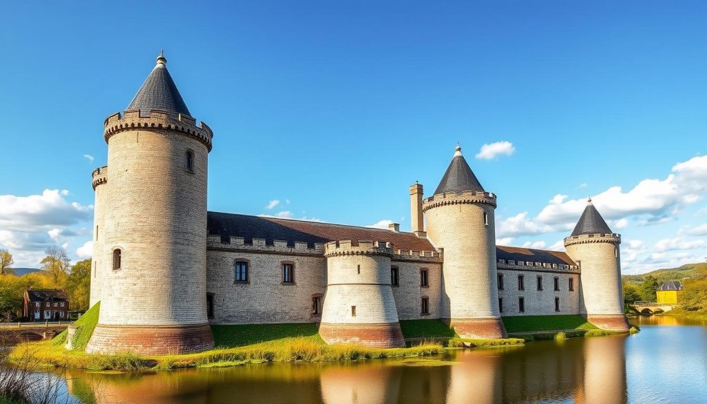 Image of Muiderslot Castle with its turreted round towers and surrounding moat