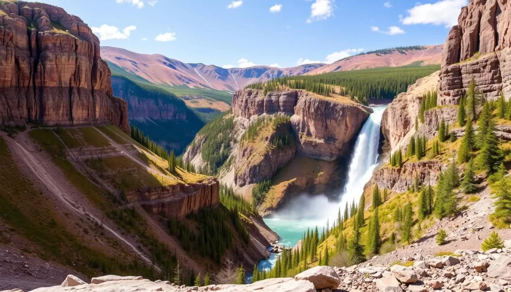 Image of Nahanni National Park Reserve's majestic landscape with towering canyon walls and Virginia Falls in the background.