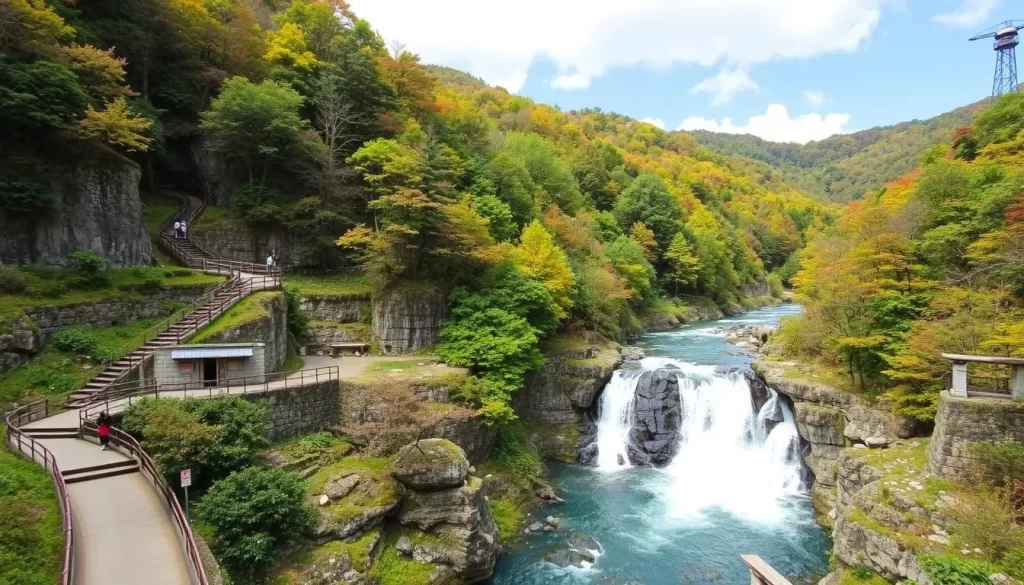 Image of Nakatsu Gorge with walking paths and the "Ryudosui" waterfall