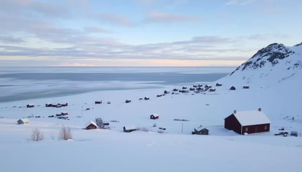 Image of Naujaat in winter, showcasing its snow-covered landscape and frozen seas.