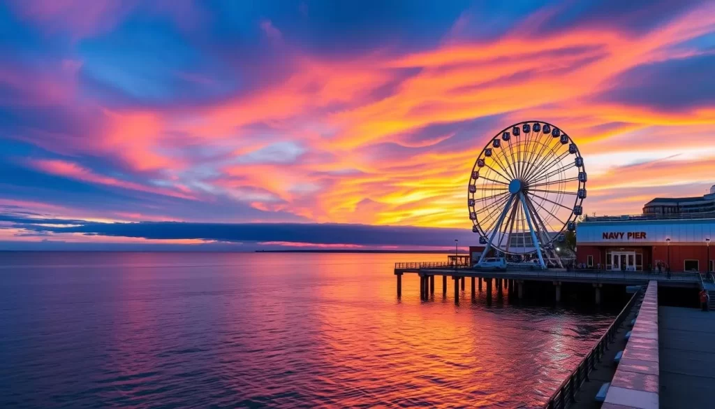 Image of Navy Pier at sunset with lakefront views and Centennial Wheel