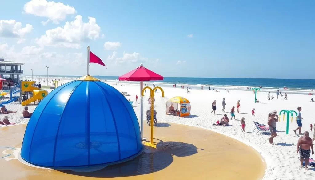 Image of North Beach Lake Charles with a white-sand beach and a spray ground for kids