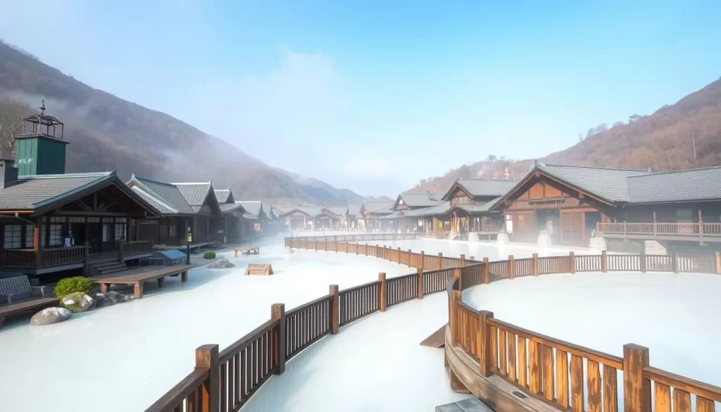 Image of Nyuto Onsen Village with its traditional ryokan and milky white hot spring water