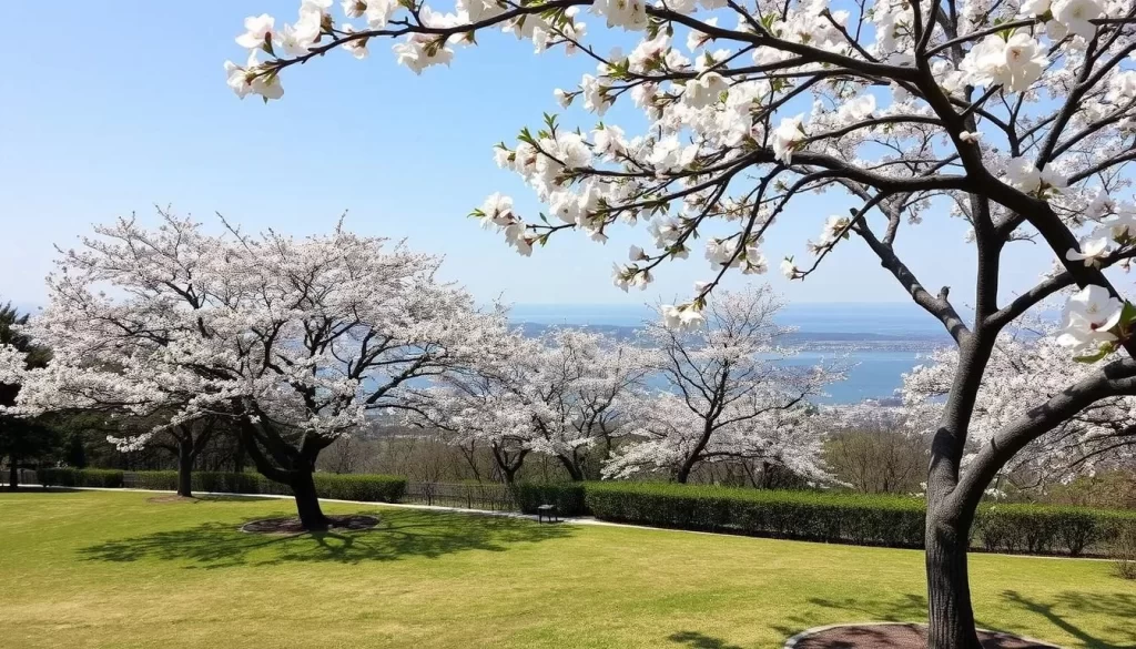 Image of Oishi Park with plum trees in bloom and a view of the strait.