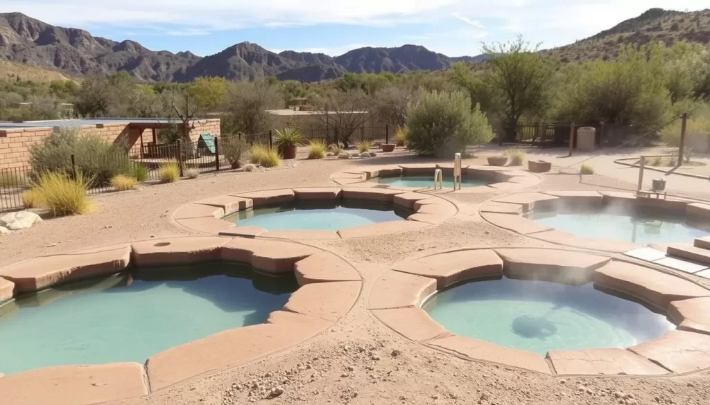 Image of Ojo Caliente Mineral Springs with soothing mineral water pools surrounded by desert landscape