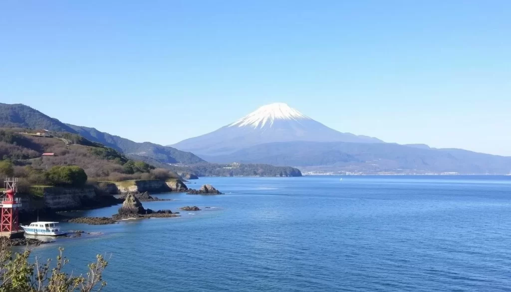 Image of Oshima Island's scenic coastline with Mount Mihara in the background
