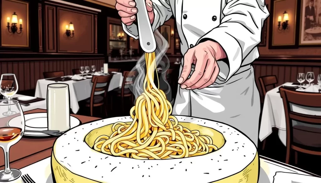 Image of Osteria Vera's tableside cacio e pepe preparation