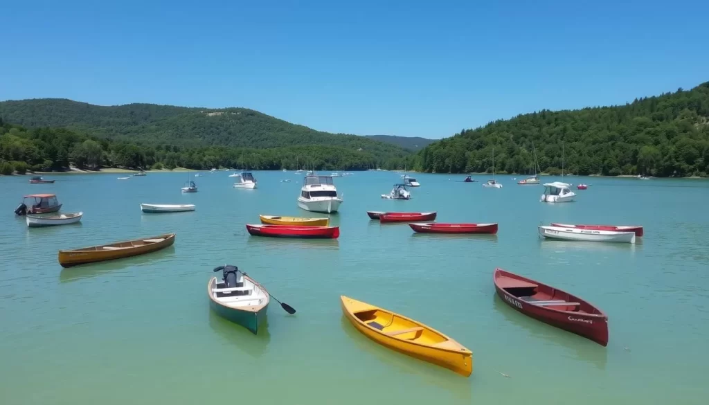 Image of Paint Lake with various boats and canoes on the water