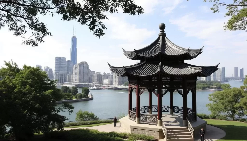 Image of Ping Tom Memorial Park's pagoda-style pavilion and Chicago River