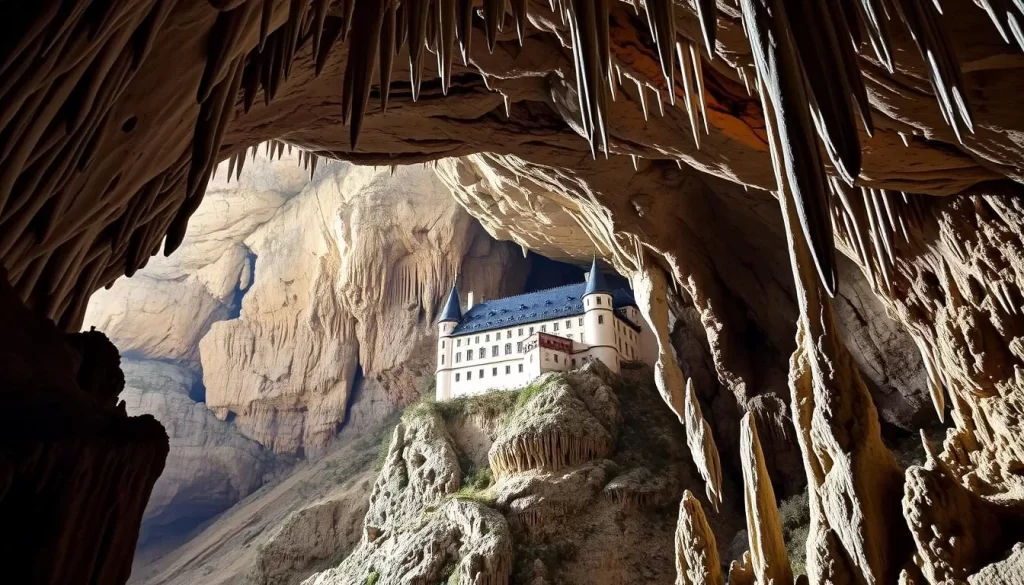 Image of Postojna Cave's stalactites and stalagmites, and Predjama Castle