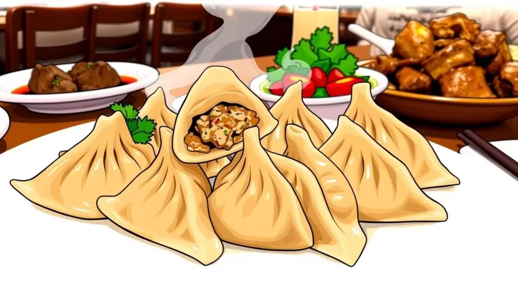 Image of Potsticker House's pot stickers and other dishes like cumin lamb and crispy eggplant in garlic sauce.
