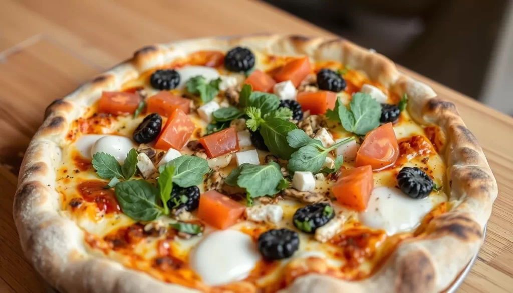 Image of Purezza's wood-fired vegan pizza with innovative toppings