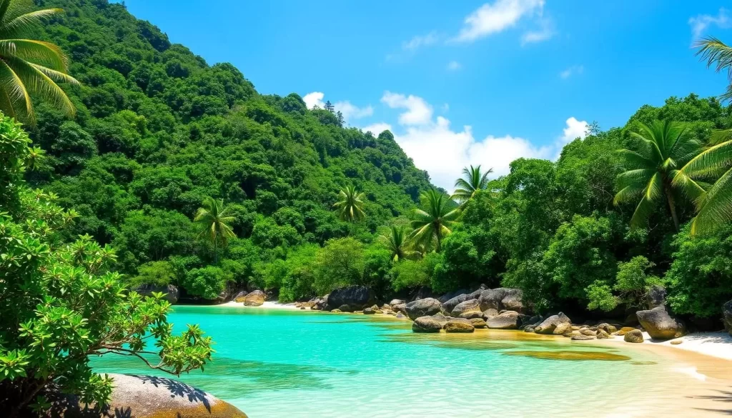 Image of Red Frog Beach with crystal-clear waters and lush surroundings