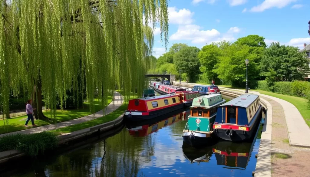Image of Regent's Canal with narrowboats and walking paths