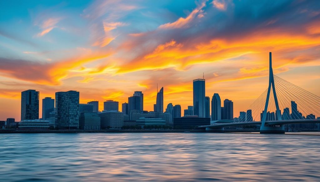 Image of Rotterdam's modern skyline featuring iconic buildings like the Cube Houses and Erasmus Bridge.