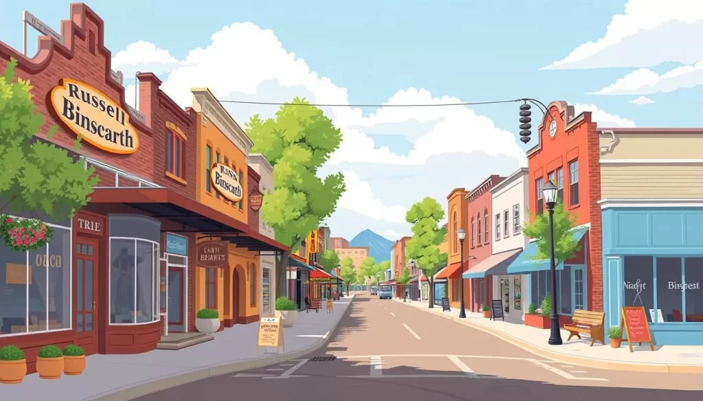 Image of Russell-Binscarth's main street with unique shops and restaurants