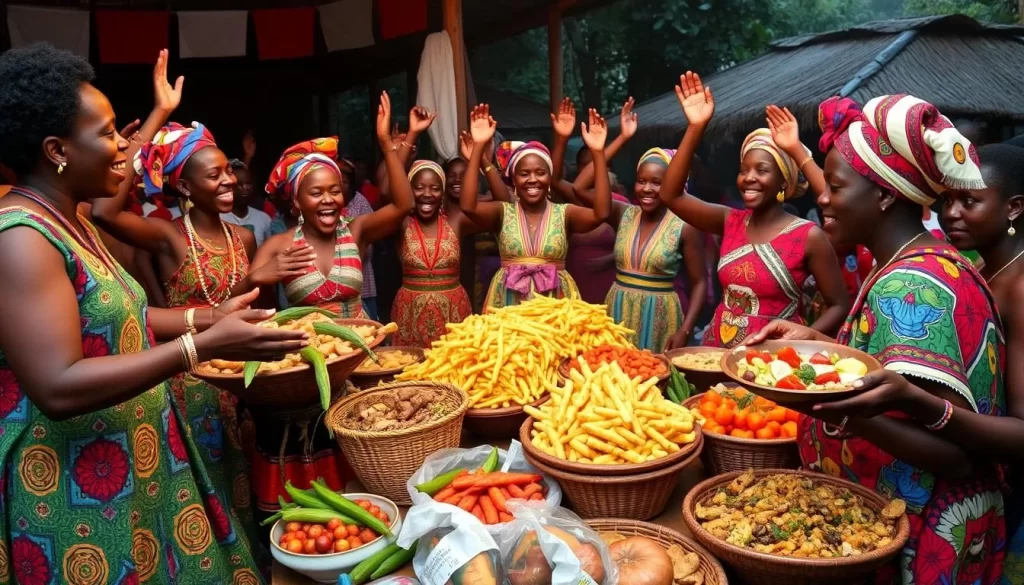 Image of Rwandans celebrating the harvest with traditional dances and food