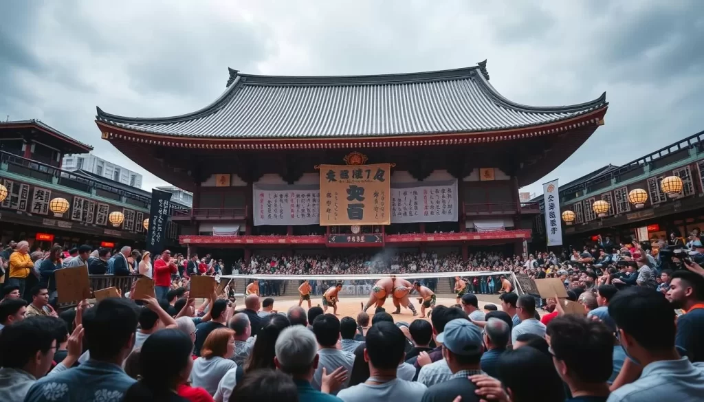 Image of Ryogoku Kokugikan during a sumo tournament