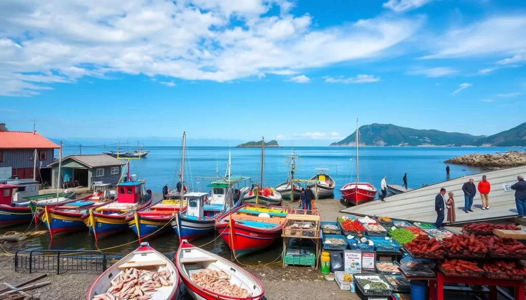 Image of Saikazaki fishing village with traditional boats and fresh seafood on display