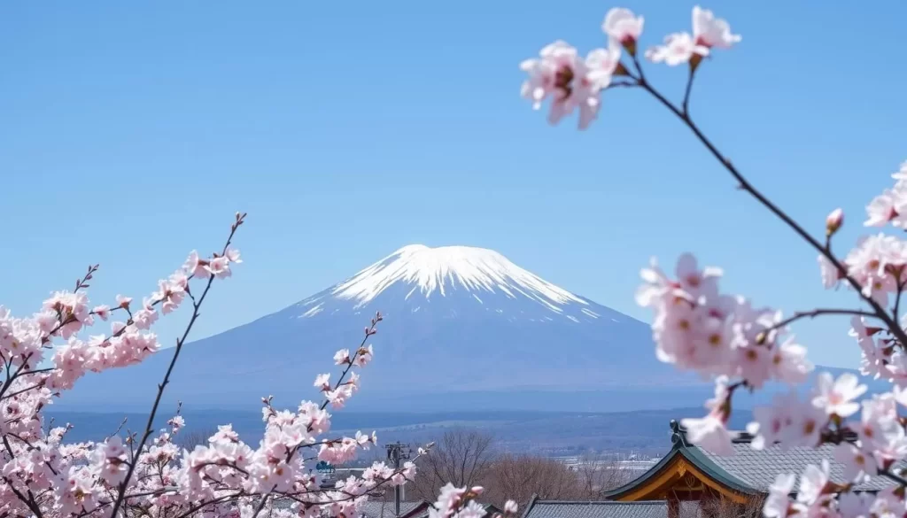 Image of Sakura no Sato with Mt. Myogi in the background during cherry blossom season
