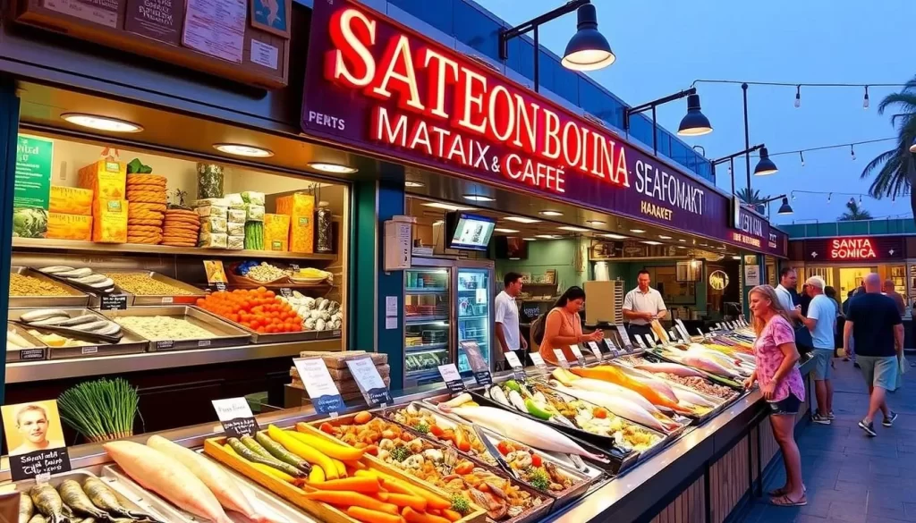 Image of Santa Monica Seafood market and cafe with a variety of seafood on display