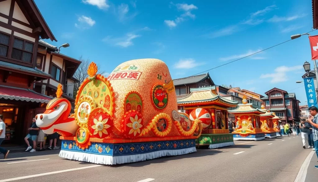 Image of Sawara Grand Festival floats navigating through historic district streets